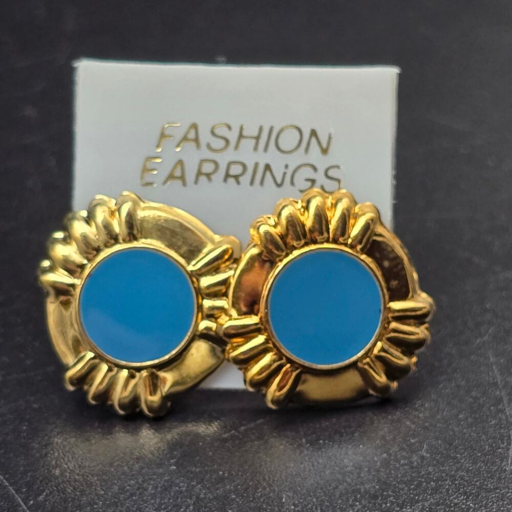 Gold Tone Blue Enamel Stud Earrings Round Vintage 1980s NOS NWT